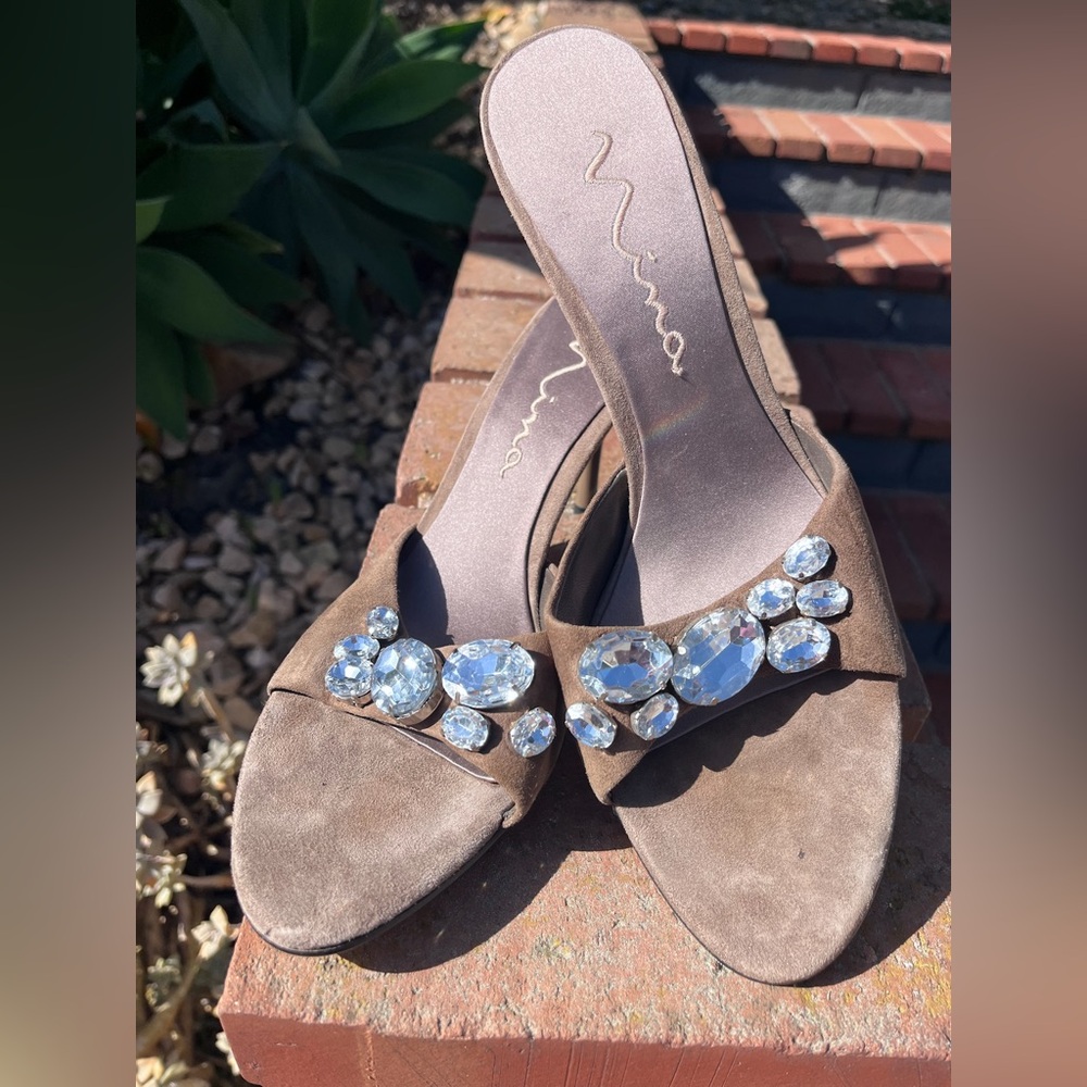 Nina suede high heel slides with rhinestone embellishment - size 11M